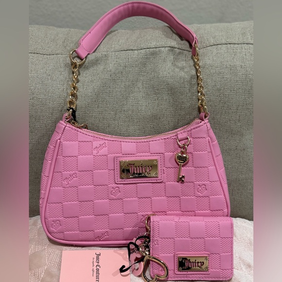 Juicy Couture Handbags - Juicy Couture Pink Checkered Shoulder Bag with Gold Accents With Matching Wallet